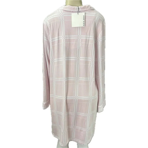 Anne Klein L Pink Window Pane Print Button Down Collar Long Sleeve Sleep Shirt - Picture 4 of 5